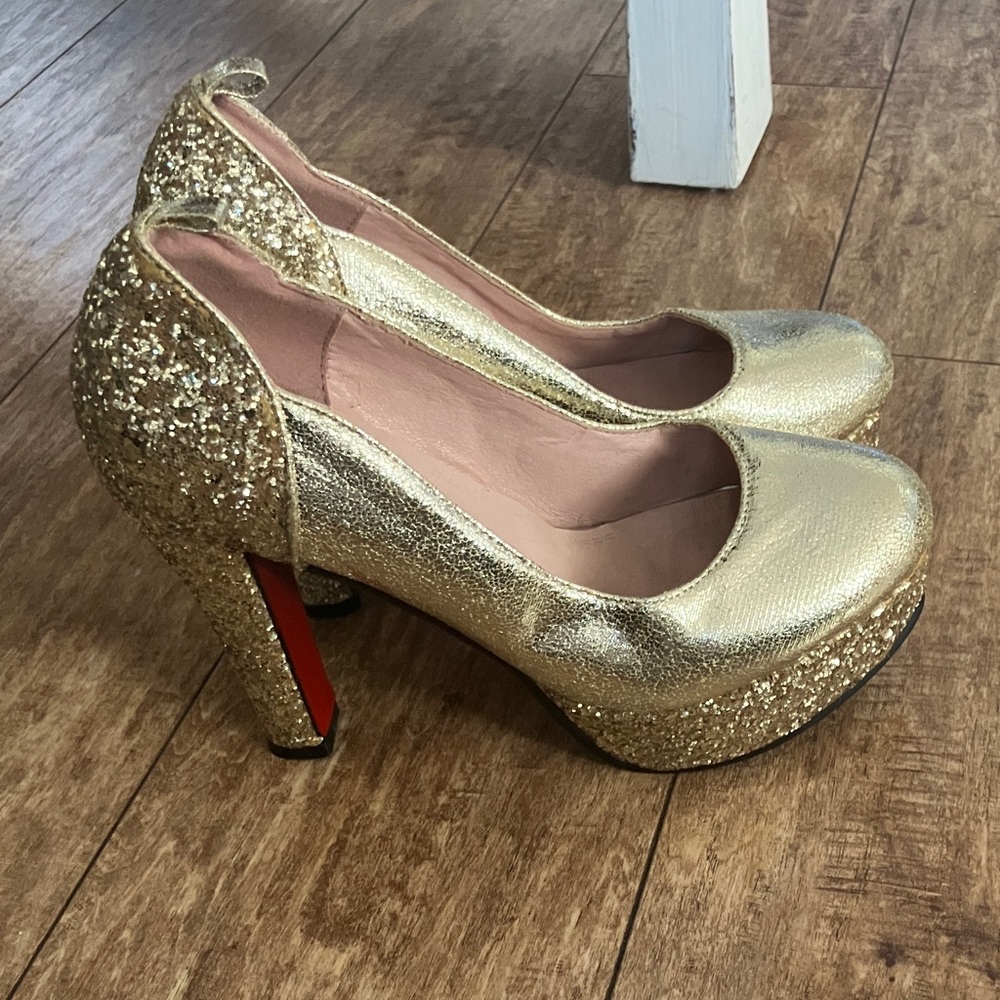 Gold Glitter Platform Pumps - Women's Evening Heels Size:37